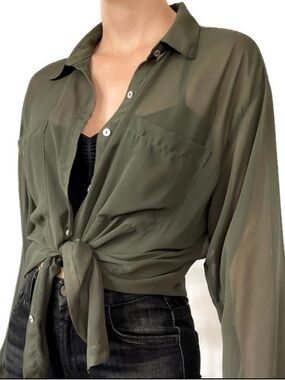 American Apparel Army Green Oversized Chiffon Sheer Button Down Shirt OS